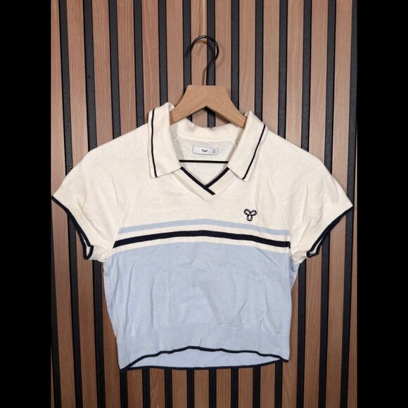 TNA Polo Shirt Medium Womens White Blue Colorblock Cotton Nylon Cropped - Picture 1 of 9